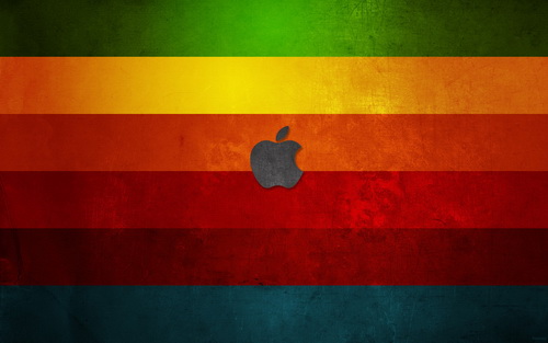 серая картинка apple на фоне ярких полос