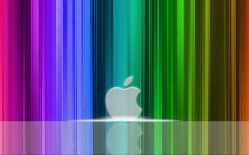 серая заставка apple на фоне вертикальных полос всех цветов радуги